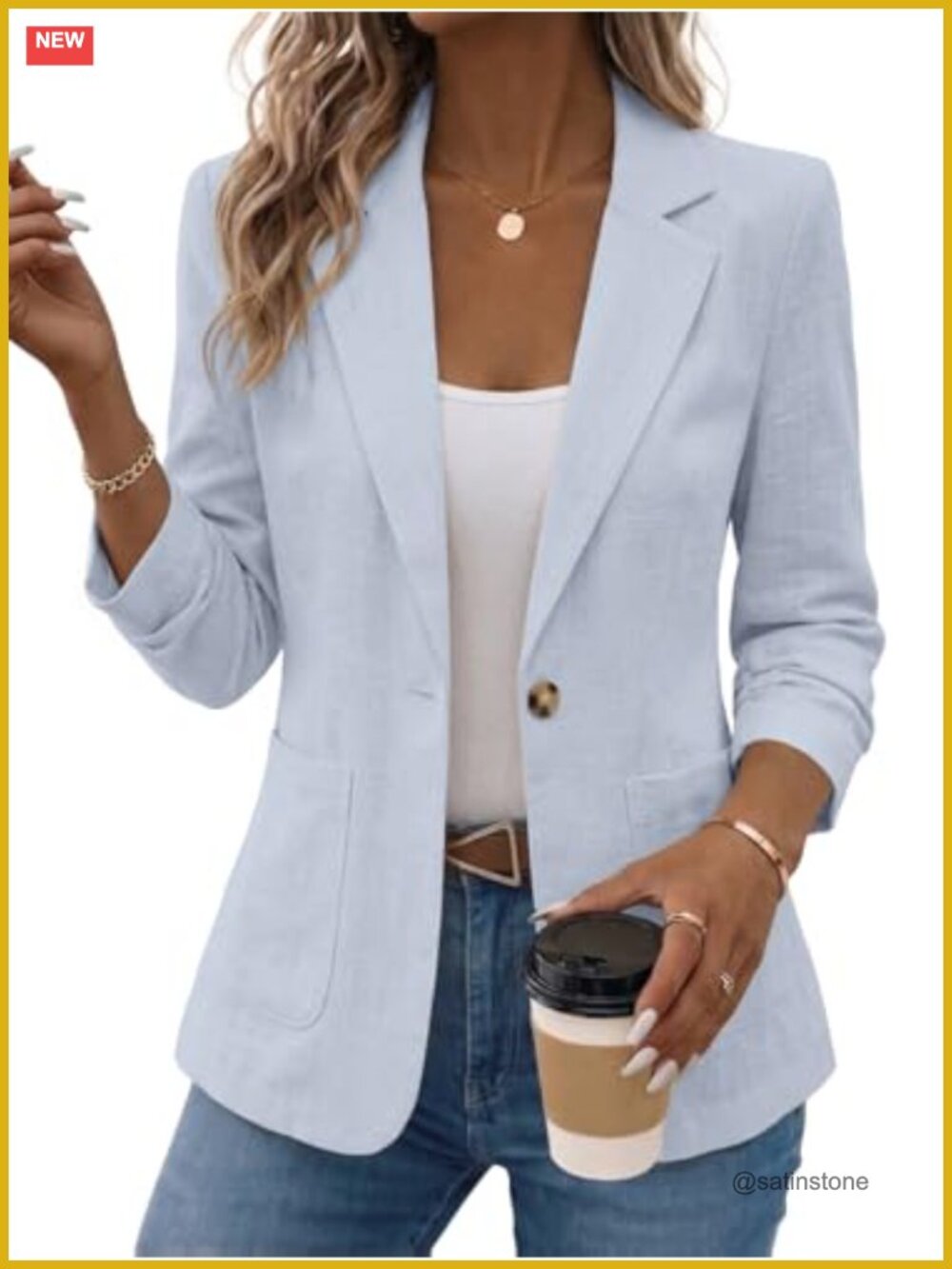 Women's Linen Blend Blazer 3/4 Ruched Sleeve Lightweight Business Casual Work